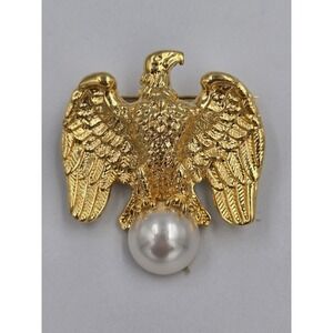 Vintage Gold Tone Eagle Brooch with Faux Pearl Accent Patriotic Pin